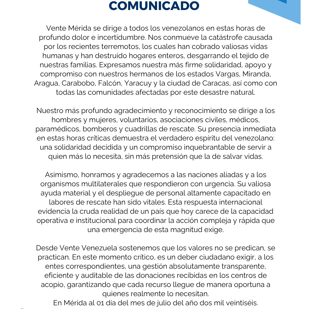 Frontera Digital, Diario Frontera, COMUNICADO de Vente Mérida ante la tragedia: 
Transparencia, solidaridad y reconstrucción nacional