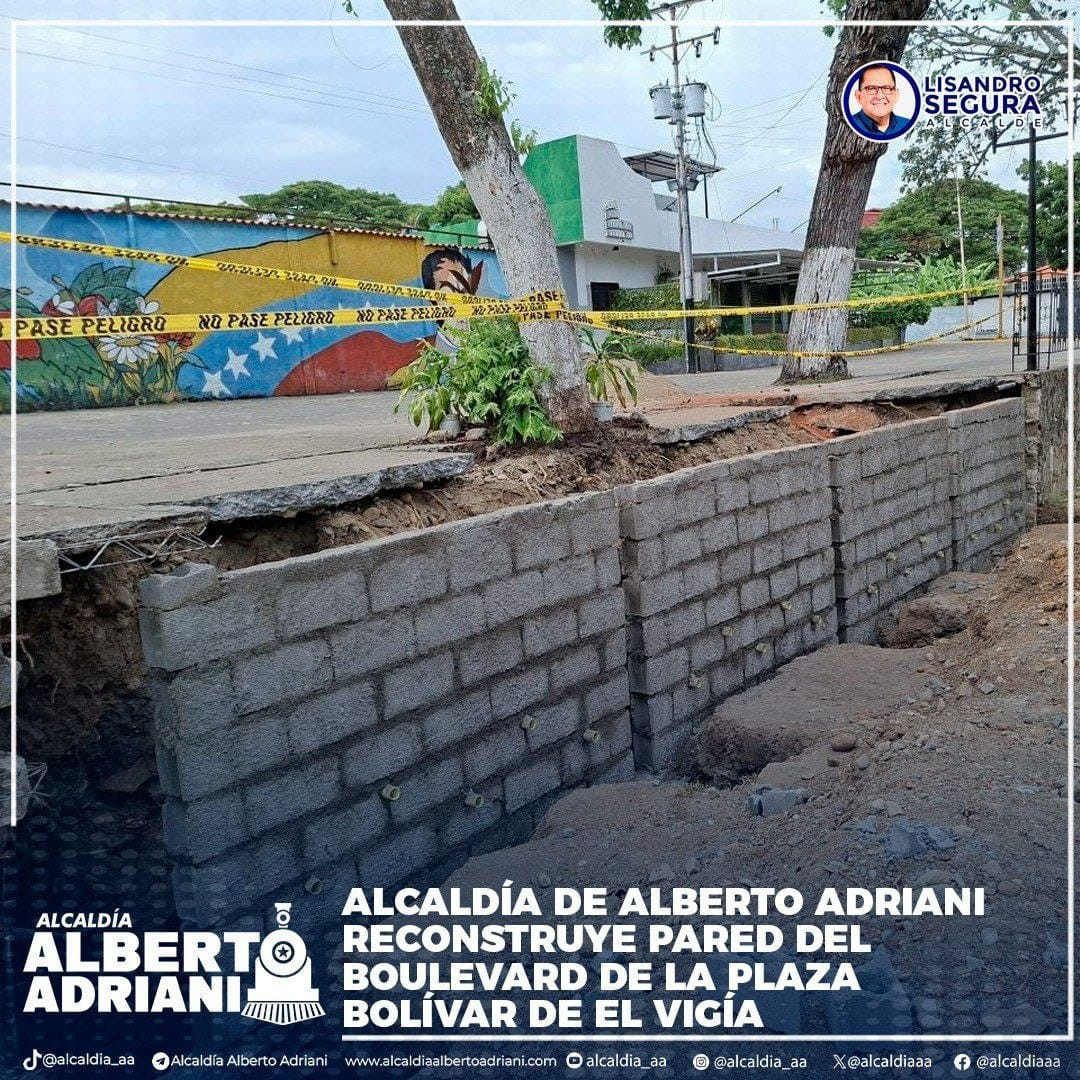Frontera Digital, Diario Frontera, Alcaldía de Alberto Adriani reconstruye pared del Boulevard de la Plaza Bolívar tras daños por lluvias