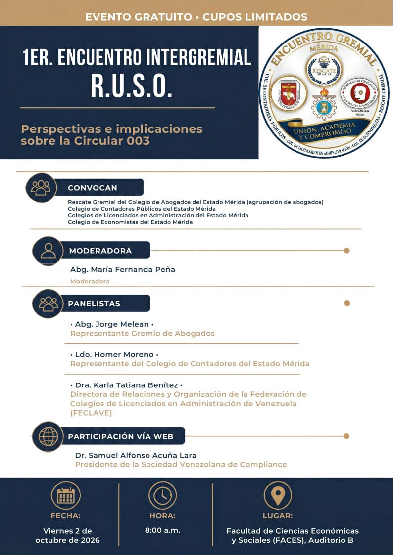 Diario Frontera, Frontera Digital,  Regionales, ,El evento es gratuito, pero con cupos limitados, por lo que se exhorta a los interesados a inscribirse con antelación. Reproducción: Prensa Ccpem,Colegio de Contadores Públicos de Mérida convoca al 1er Encuentro Intergremial R.U.S.O. 
sobre la Circular 003